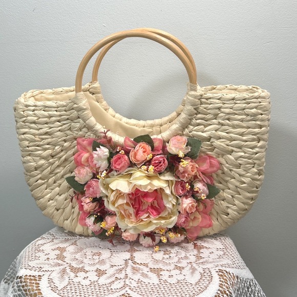 Woven Straw Floral Accented Satchel Bag Wooden Handles Boho Drawstring Close - Picture 1 of 10